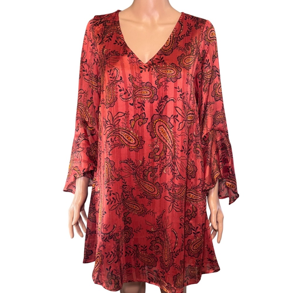 Umgee USA Womens Paisley Boho Shift Dress Rust Orange Metallic Bell Sleeve S